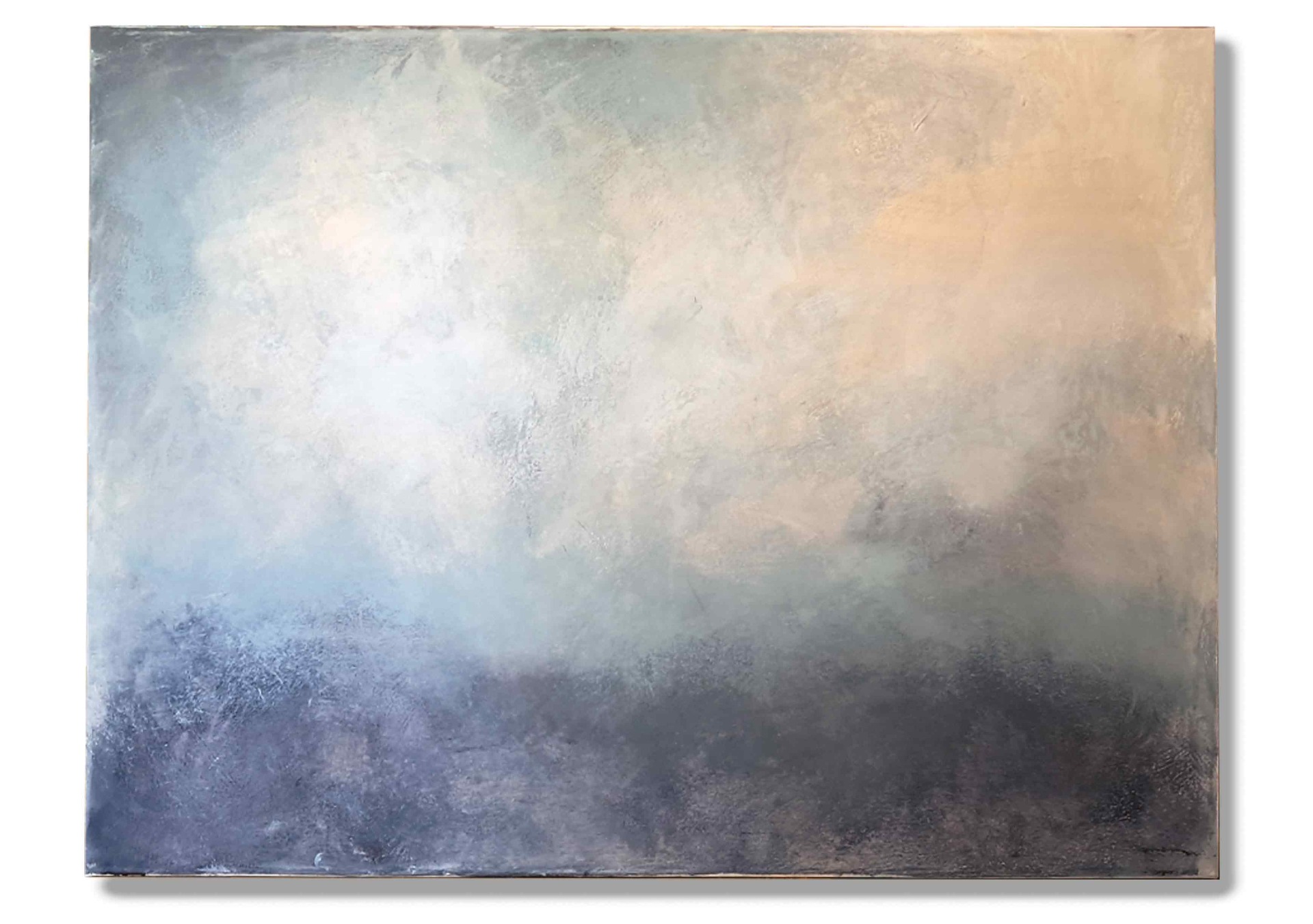 .áthaladás. 120x90 cm akril, fesített vászon Határmezsgye — fény és árnyék, anyag és emlék között.